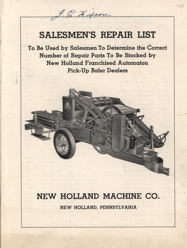 Illustrated price list for repairs from the New Holland Machine Company.