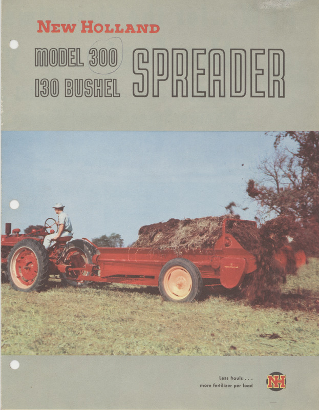 Illustrated advertisement for the New Holland model 300 i30 bushel spreader.