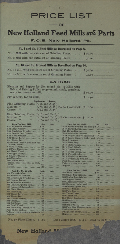 Price list for the feed mills and parts offered by New Holland Manufacturing Company.