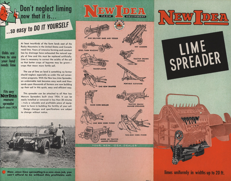 Illustrated advertisement for the lime spreader offered by New Idea Manufacturing Corporation.