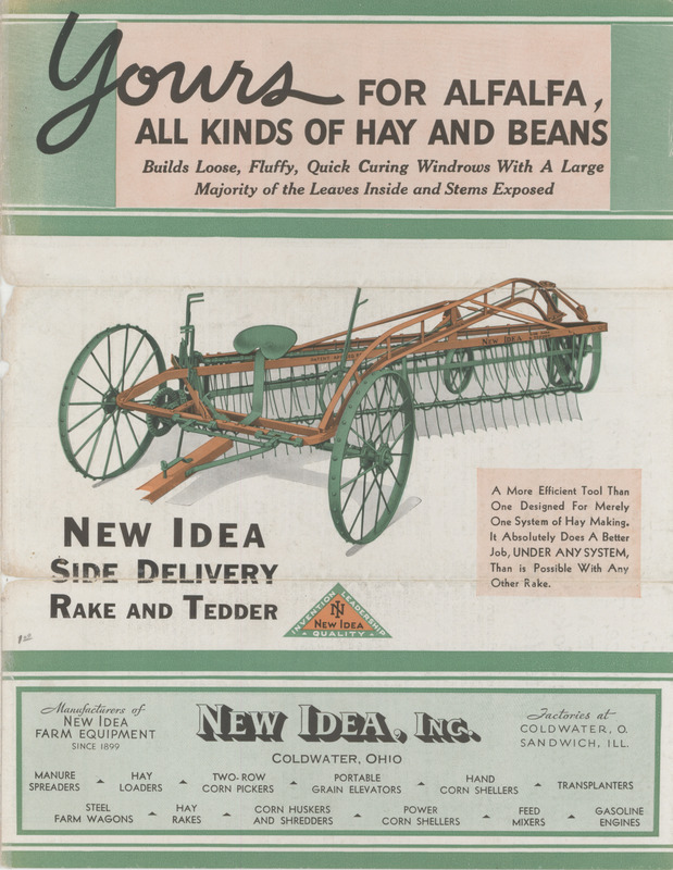 Illustrated advertisement for the products offered by New Idea Farm Equipment.