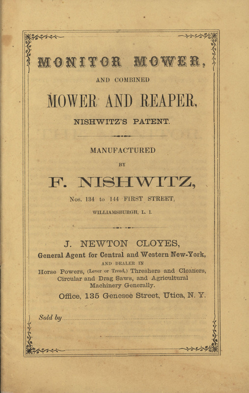 Illustrated catalog describing the monitor mower and combined mower and reaper offered by F. Nishwitz in 1864.