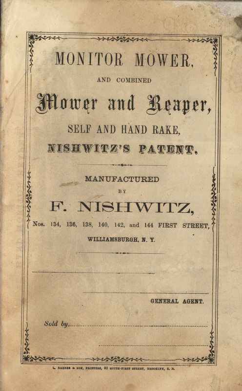 Illustrated catalog describing the Monitor mower and combined mower and reaper offered by F. Nishwitz in 1868.