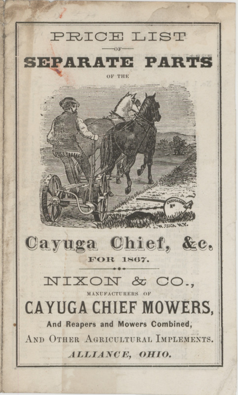 Price list for the Cayuga Chief Mowers offered by Nixon and Company in 1867.