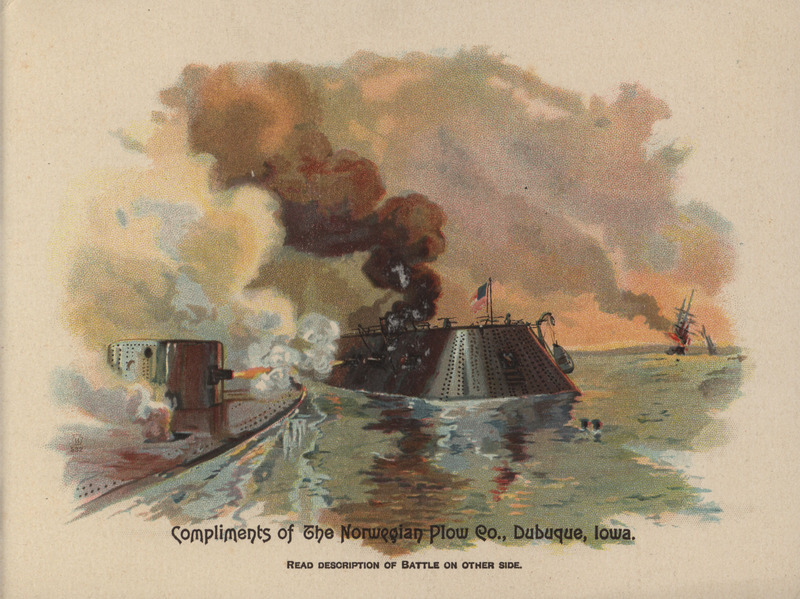 Illustrated advertisements depicting battles from the American Civil War for Norwegian Plow Company.