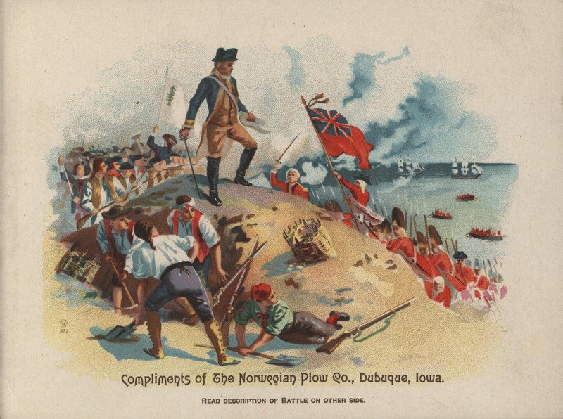 Illustrated advertisement for Norwegian Plow Company depicting the Battle of Bunker Hill from the American Revolutionary War.