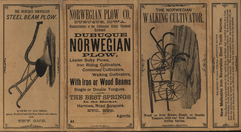 Illustrated catalog describing the agricultural works offered by Norwegian Plow Company in 1884.