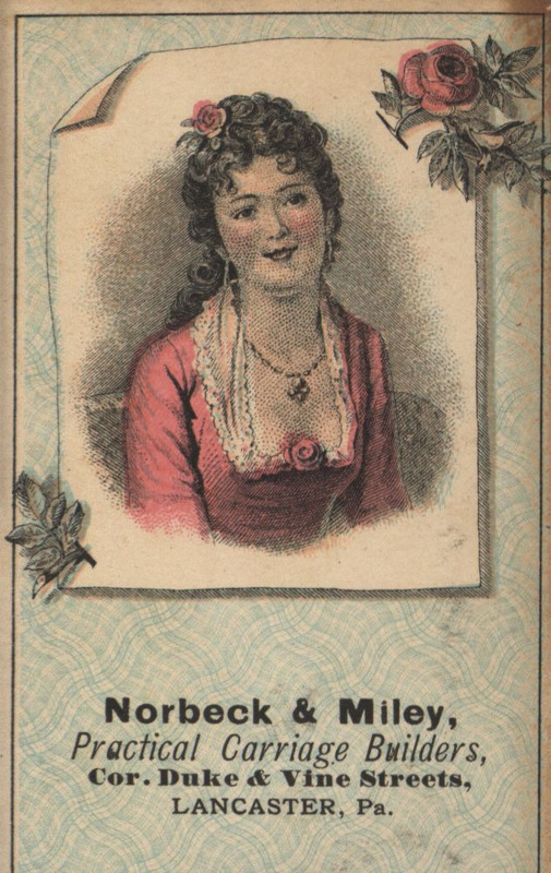 Illustrated card advertising the carriage builders, Norbeck & Miley.