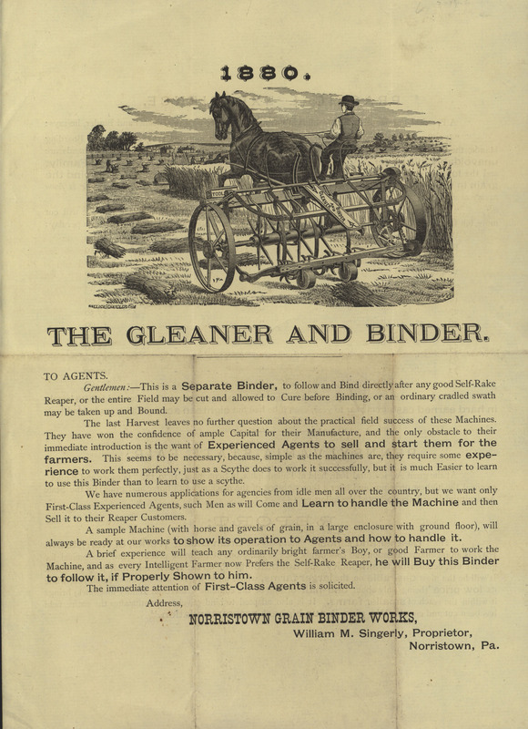 Illustrated advertisement for the gleaner and binder offered by Norristown Grain Binder Works in 1880.