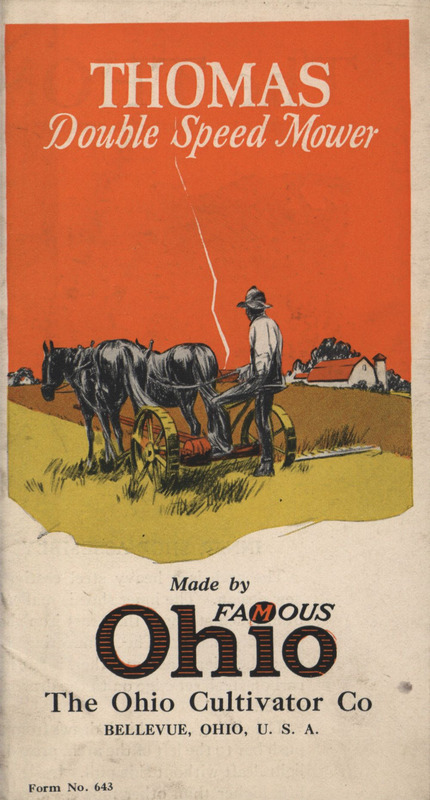 Illustrated advertisement pamphlet for the Thomas double speed mower offered by Ohio Cultivator Company.