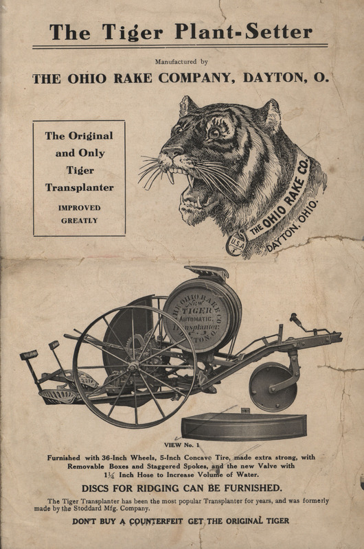 Illustrated advertisement for the Tiger Plant-Setter offered by Ohio Rake Company.