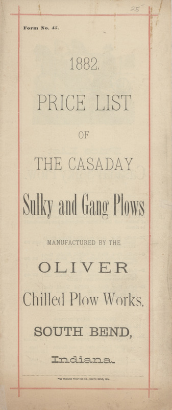 Price list for Casaday Sulky and Gang Plows offered by Oliver Chilled Plow Works in 1882.