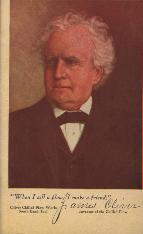 Illustrated postcard featuring Oliver Chilled Plow Works founder, John Oliver.