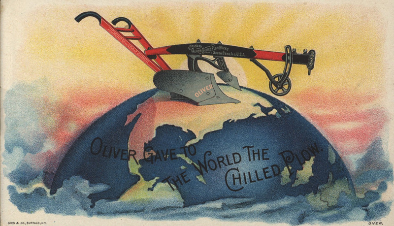 Illustrated card advertising Oliver Chilled Plow Works.