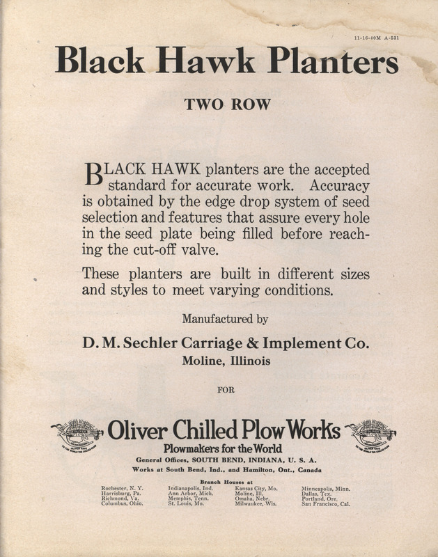 Illustrated catalog describing the Black Hawk Planters offered by Oliver Chilled Plow Works.