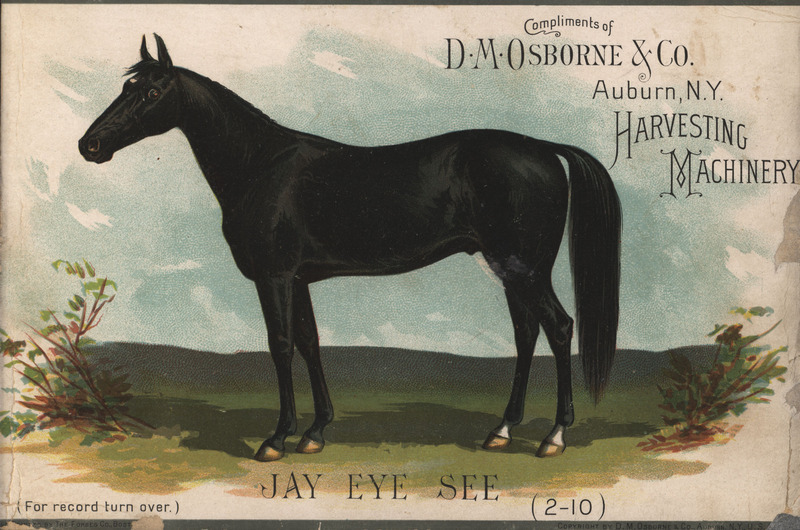 Illustrated card advertising harvesting machinery manufactured by D.M. Osborne and Co.