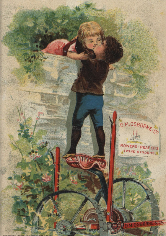 Illustrated advertisement card for a harvester and binder offered by the D.M. Osborne Company.
