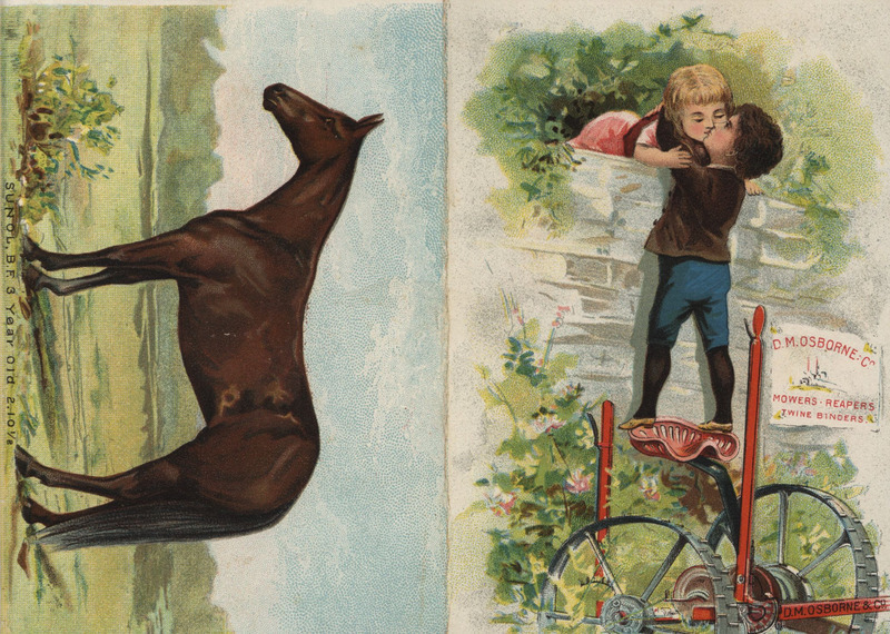 Illustrated advertisement card offering a harvester and binder and the no.4 mower.