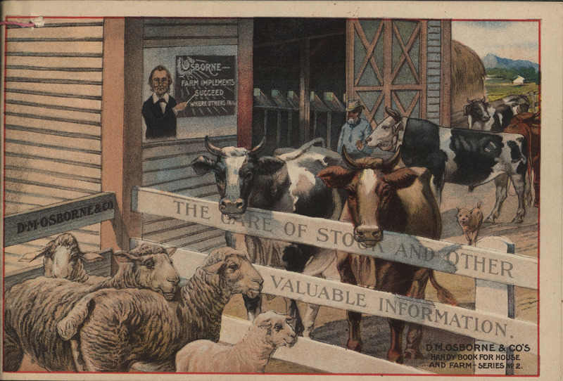 Illustrated booklet for the D. M. Osborne and Company depicting cows and sheep outside of a barn.