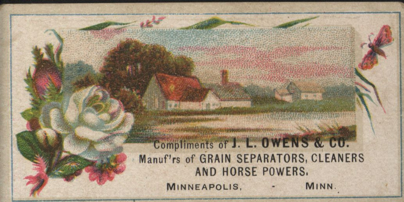 Illustrated advertisement card for the agricultural implements offered by J. L. Owens and Company.