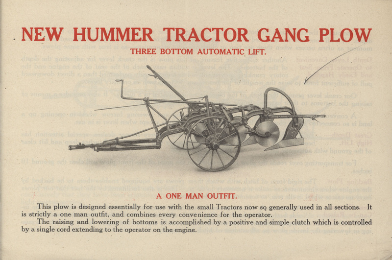 Illustrated advertisement for the New Hummer Tractor Gang Plow.