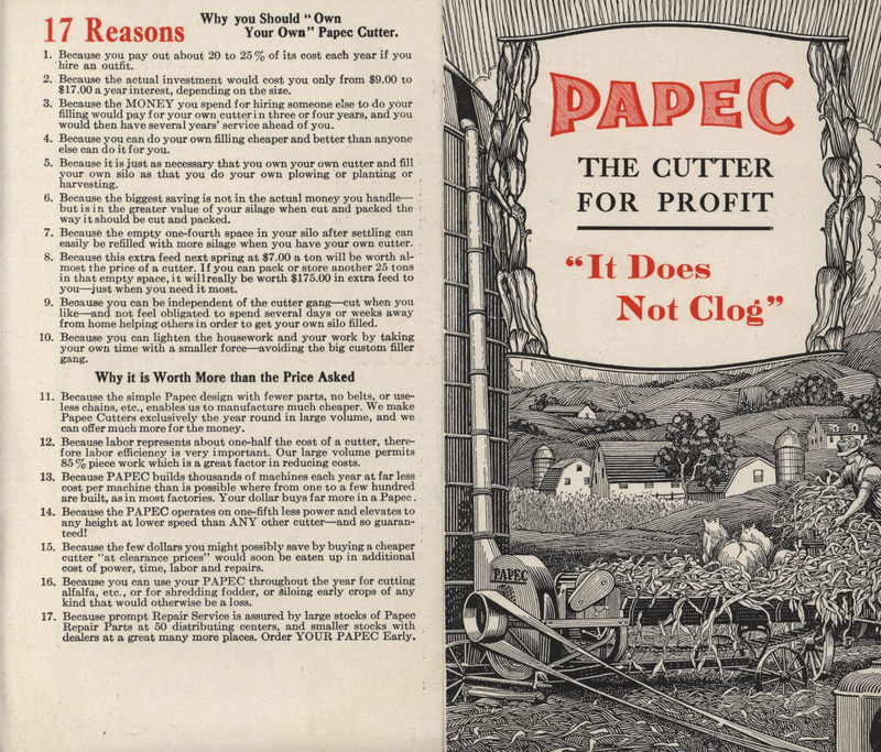 Illustrated pamphlet advertising a cutter manufactured by the Papec Machine Co.