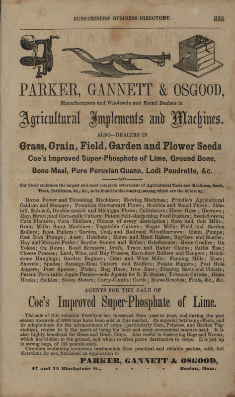 Illustrated advertisement for the products offered by Parker, Gannett and Osgood Agricultural Implements and Machines.
