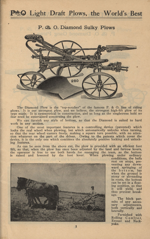 Illustrated catalog describing the P and O Light Draft Plows offered by International Harvester Company of America.