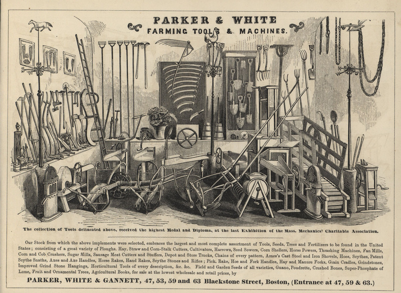 Illustrated advertisement for the products offered by Parks and White Farming Tools and Machines.