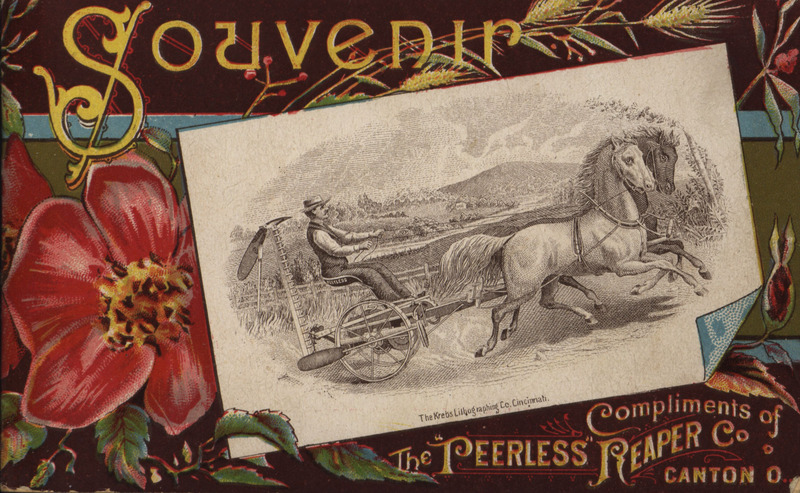 Illustrated advertisement for the Peerless Reaper Company, including postcards depicting American landscapes and the company's agricultural implements.