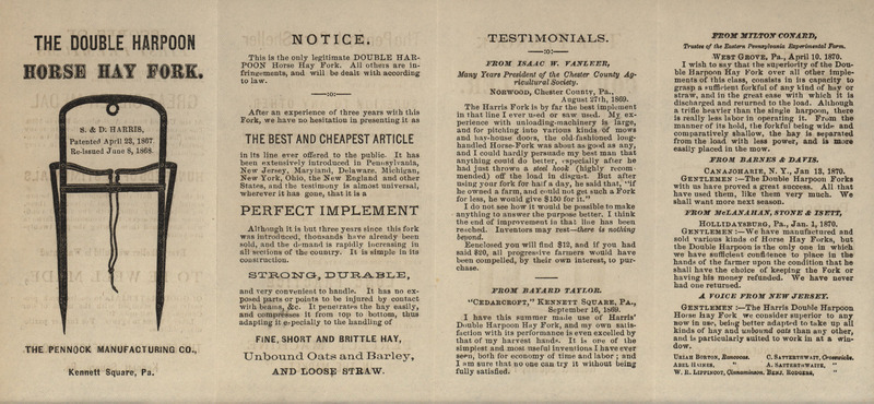 Illustrated pamphlet advertising "The Double Harpoon Horse Hook" offered by the Pennock Manufacturing Company.