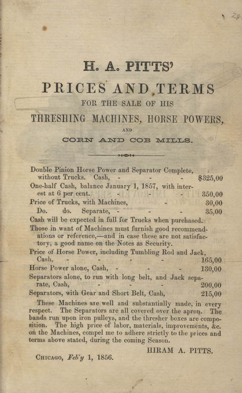 Illustrated price and terms for sale of the agricultural implements from H. A. Pitts in 1856.
