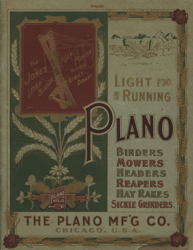 Illustrated agricultural machinery catalog for The Plano Manufacturing Company.