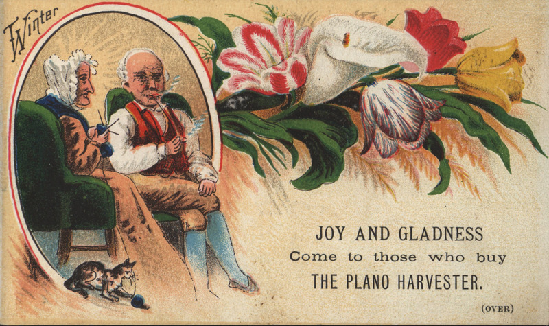 Illustrated advertisement card for The Plano Manufacturing Company.