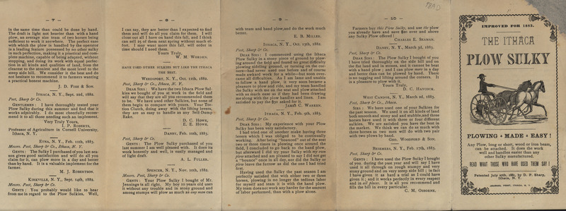 Pamphlet advertising a plow manufactured by the Post, Sharp, and Company.