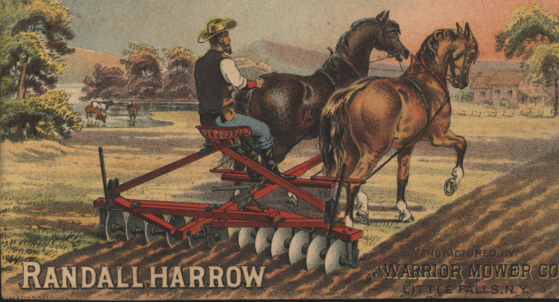 Illustrated advertisement card for the Randall Harrow, offered by The Warrior Mower Company.