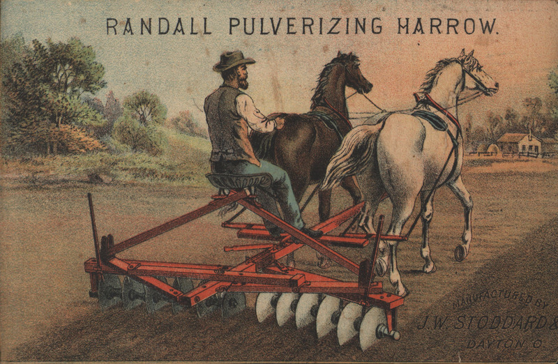 Illustrated advertisement card for the Randall Pulverizing Harrow offered by J. W. Stoddard and Company.
