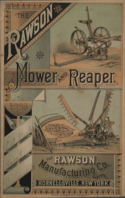 Illustrated catalog describing the mowers and reapers offered by the Rawson Manufacturing Company in 1884.