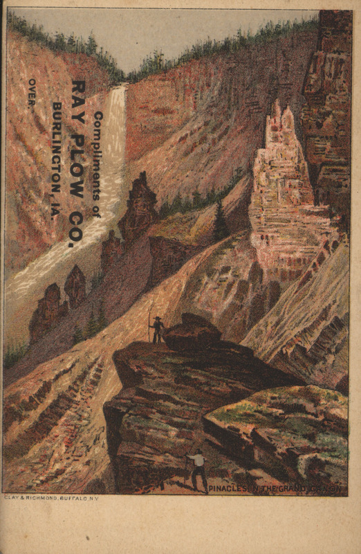Illustrated advertisement card for the Ray Plow Company, depicting two hikers in a canyon.