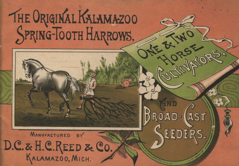 Illustrated catalog describing the harrows, seeders and cultivators offered by the D. C. and H. C. Reed and Company.