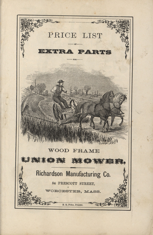 Illustrated price list of extra parts for the Wood Frame Union Mower offered by the Richardson Manufacturing Company.