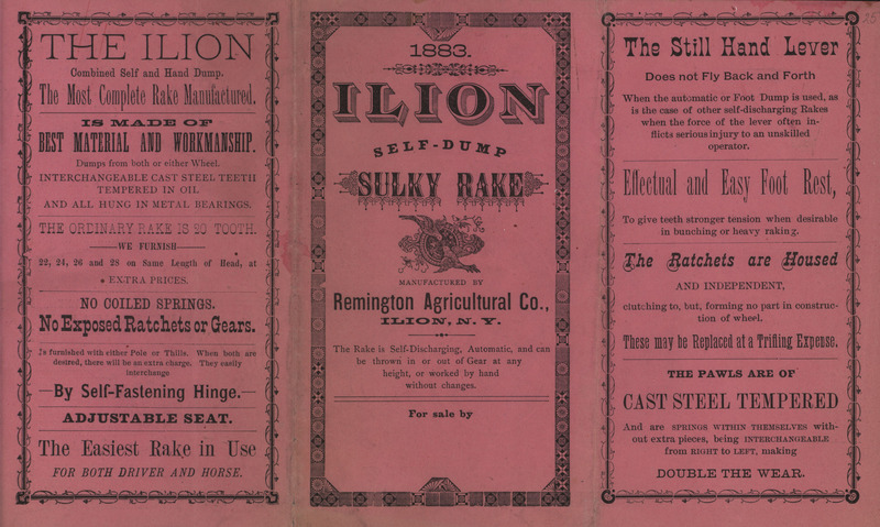 Illustrated pamphlet advertising a rake manufactured by the Remington Agricultural Company.