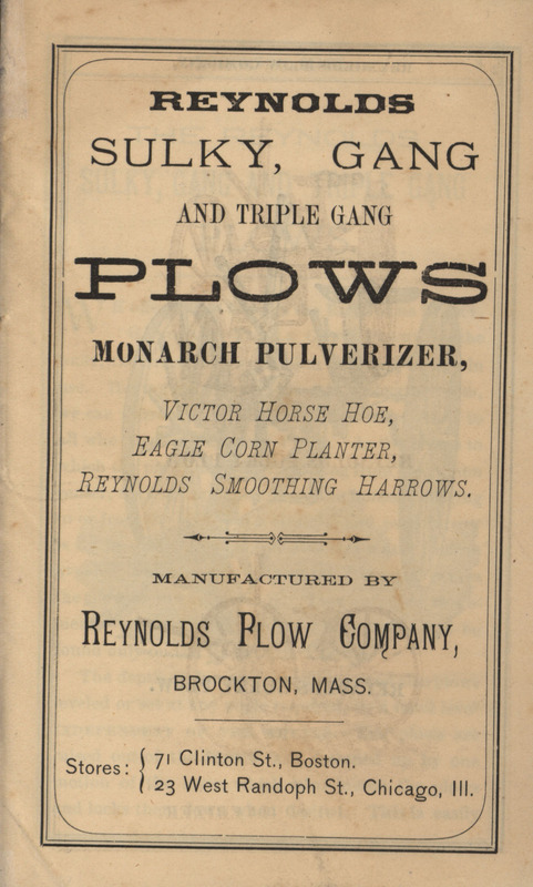 Illustrated catalog describing the agricultural implements offered by the Reynolds Plow Company.