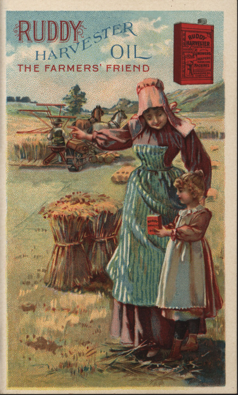 Illustrated advertisement card for the Ruddy Harvester Oil offered by the Hubbell Brothers.