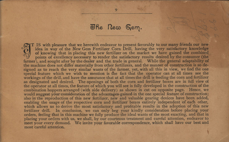 Illustrated pages from a catalog describing the New Gem fertilizer corn drill.