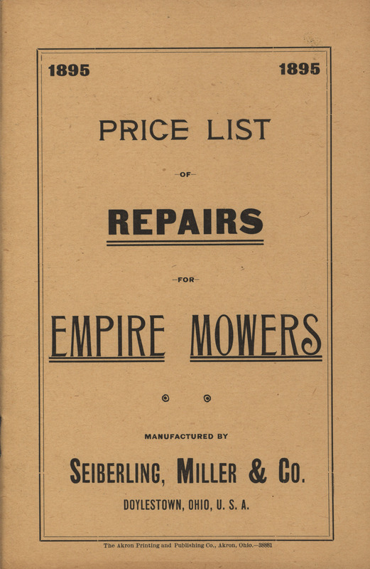 Illustrated price list for the repairs of Empire Mowers offered by Seiberling, Miller and Company in 1895.