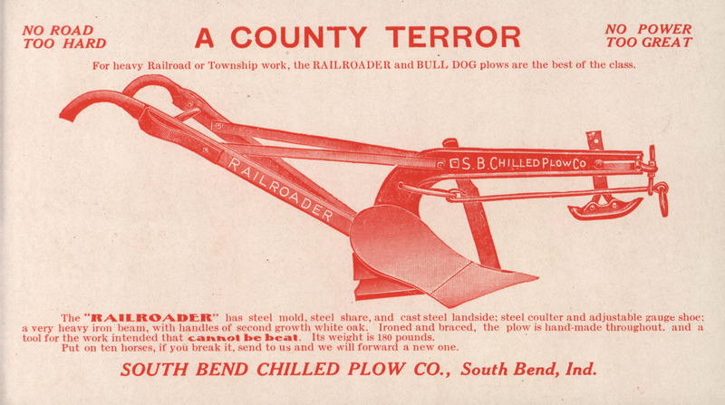 Illustrated card advertising two plows manufactured by the South Bend Chilled Plow Company.