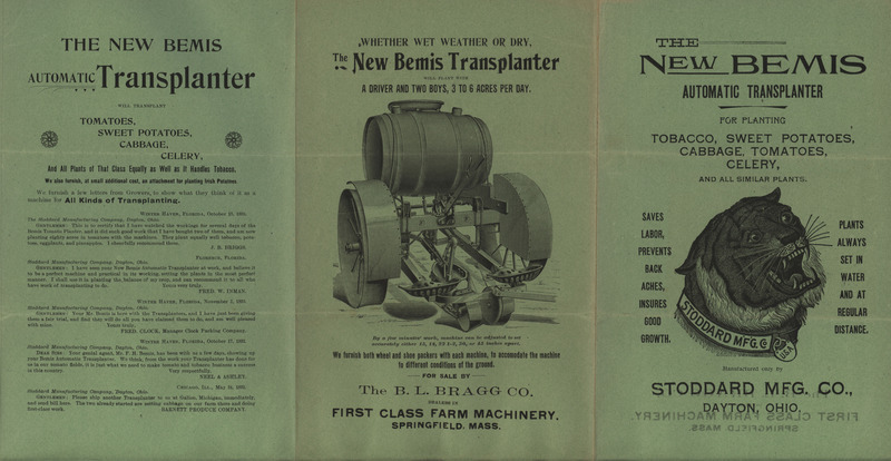 Illustrated pamphlet advertising a transplanter produced by the Stoddard Manufacturing Company.