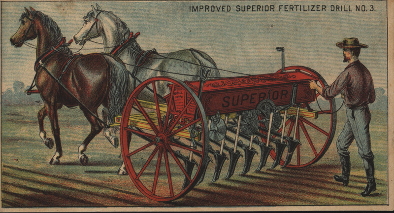 Illustrated card advertising the improved superior Fertilizer Drill No. 3 manufactured by Superior Drill Company.
