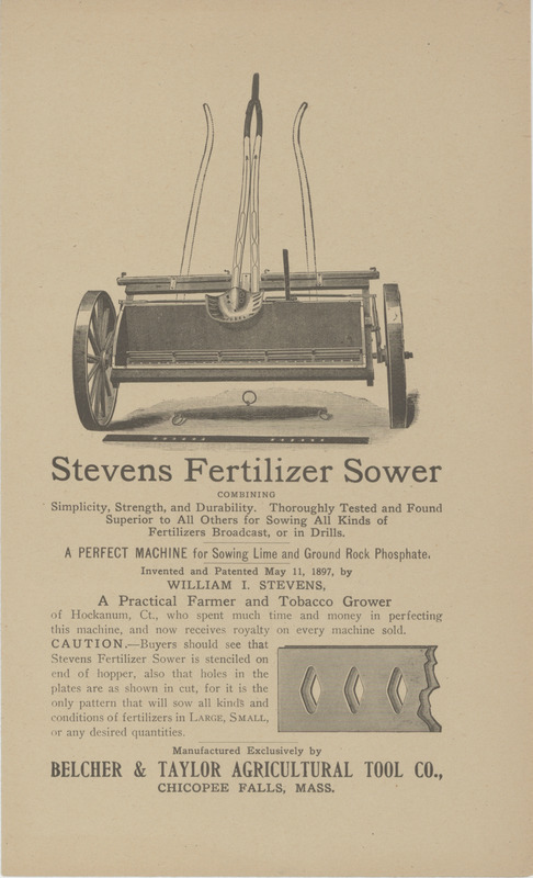 Illustrated catalog describing fertilizer sower products offered by Belcher and Taylor Agricultural Tool Company in 1907.